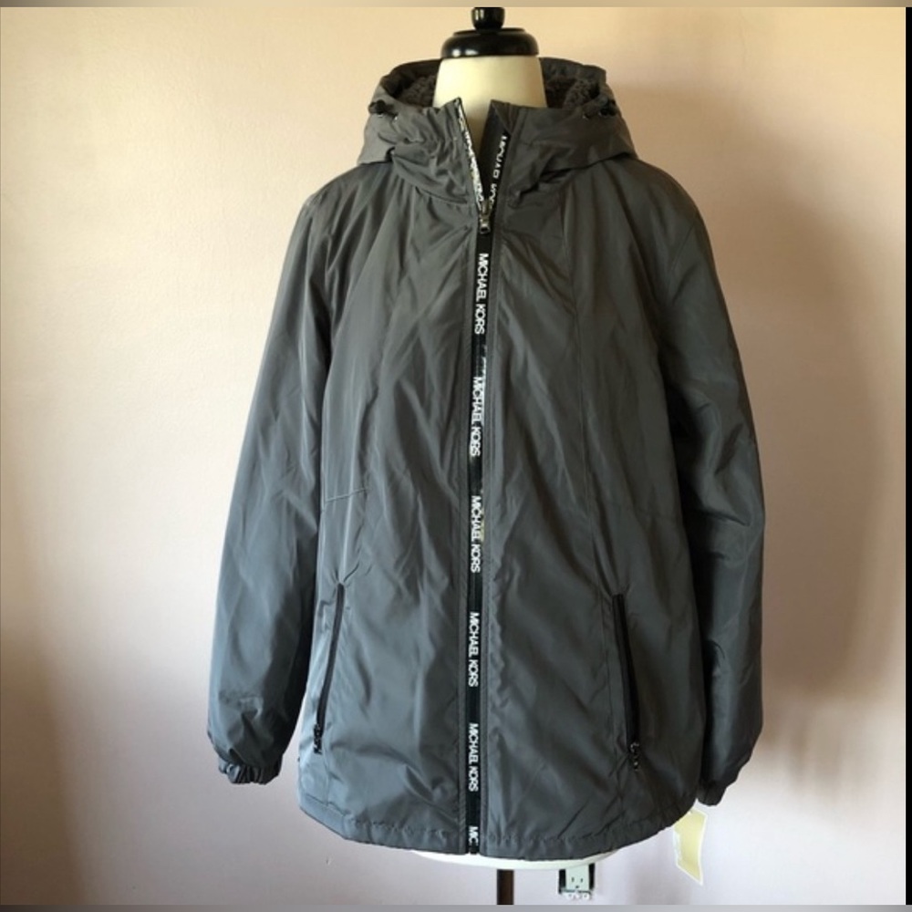 NWT Michael Kors Missy Gun Metal Grey Faux Shearling Lined Jacket Large